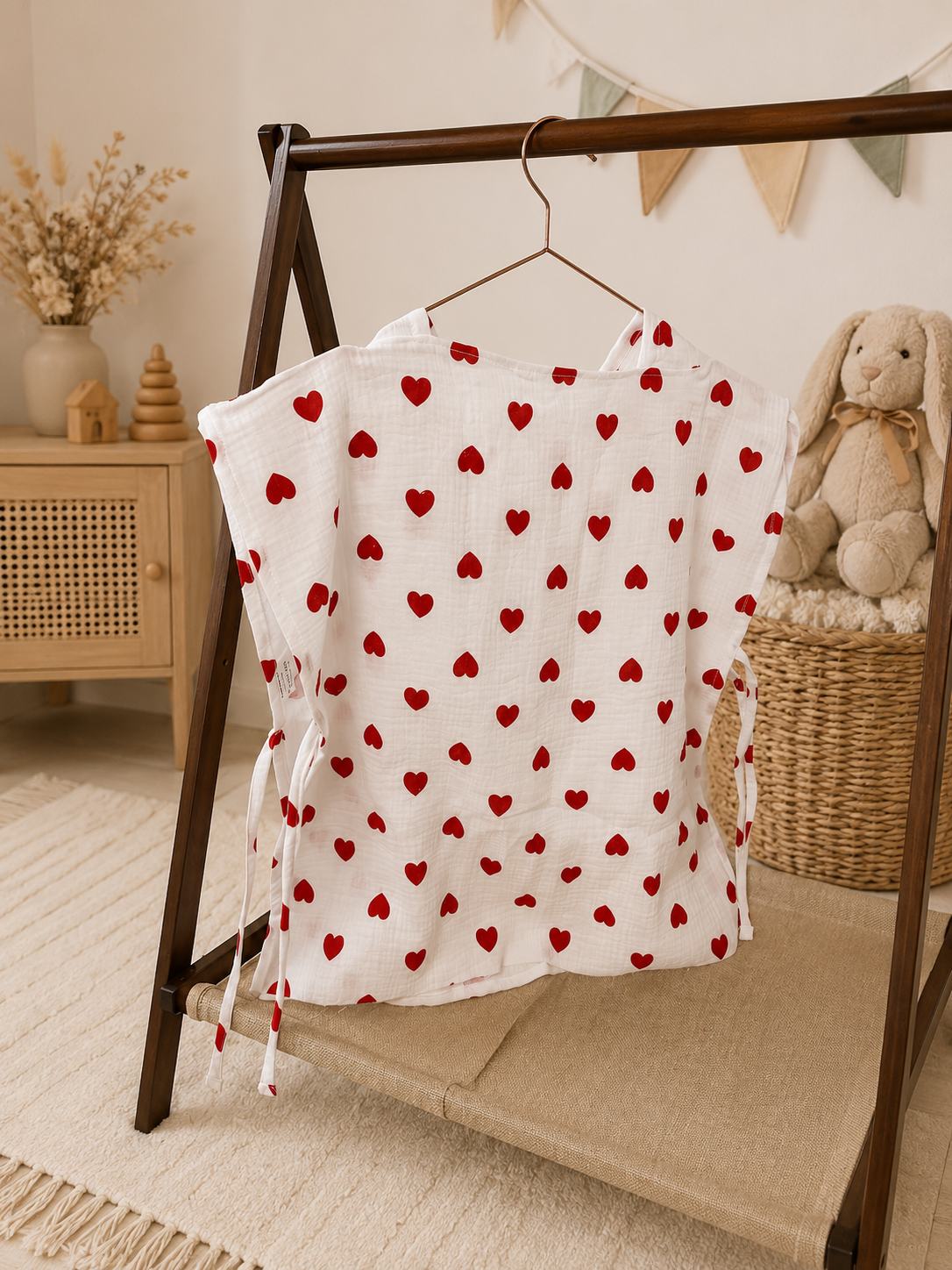 Detské mušelínové pončo Love Red so srdiečkami